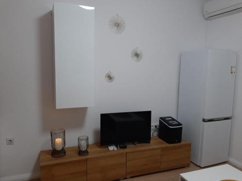 沃迪切Apartman-Kuzminski-Kraje14的客厅配有木柜上的电视
