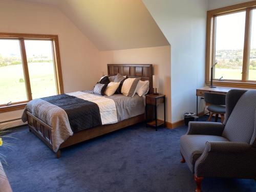 EffortChestnuthill Countryside Manor的一间卧室配有一张床、一张书桌和两个窗户。