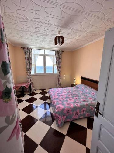 阿尔及尔Charmant Appartement vue sur mer的一间卧室配有一张床,铺有一个 ⁇ 板地板