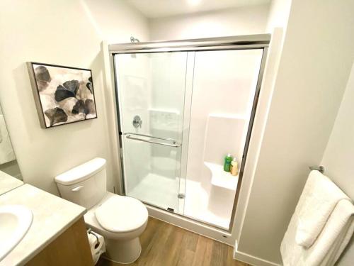 悉尼Lovely Brand New Condo的一间带卫生间和玻璃淋浴间的浴室