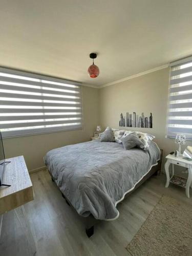 La CruzDepartamento en La Cruz Entre La Calera y Quillota的一间卧室设有一张大床和两个窗户。