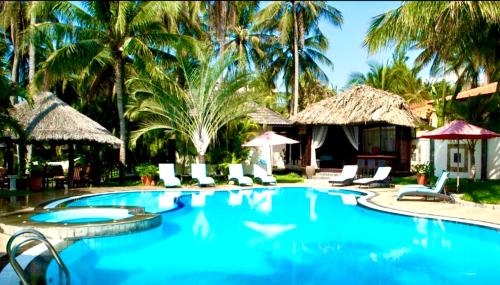 美奈Jaguar House Resort Muine的一个带椅子和棕榈树的度假村游泳池