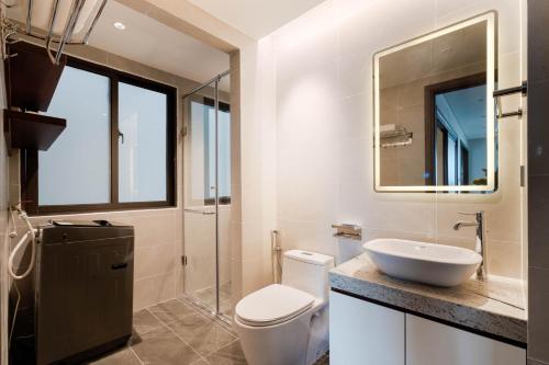 岘港MK Riverside Apartment by Haviland的一间带卫生间、水槽和镜子的浴室