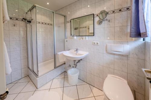 米滕瓦尔德多灵酒店的浴室配有卫生间、盥洗盆和淋浴。