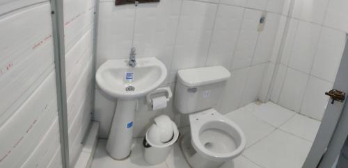 莱蒂西亚Hospedaje Mirador Grecia的一间带卫生间和水槽的小浴室