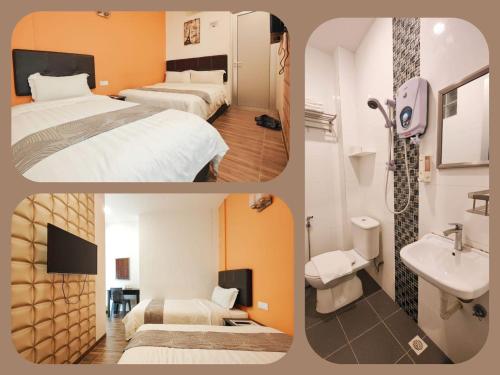 乔治市18号公寓宾馆的两张图片的酒店客房 - 带两张床和一个水槽