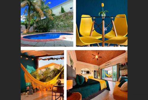 坎昆BEAUTIFUL & COZY NEAR BEACH Apartment Pool & KingSize Bed的一张带游泳池的房子的照片拼贴