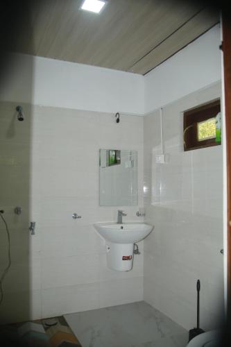 阿努拉德普勒Shanthi Villa Resort的白色的浴室设有水槽和淋浴。