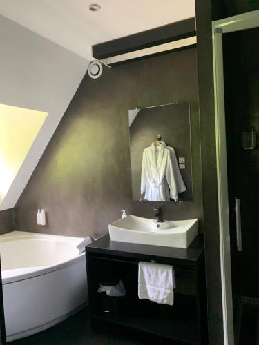 Conques-en-RouergueMoulin de Cambelong- Emilie & Thomas的浴室配有盥洗盆和浴缸。