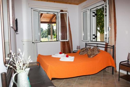 里科索翁Irini's Traditional Kefalonian House的带2扇窗户的客房内的橙色床