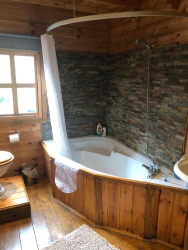 Merthyr CynogBryn Fach Log Cabin的带浴缸和盥洗盆的浴室