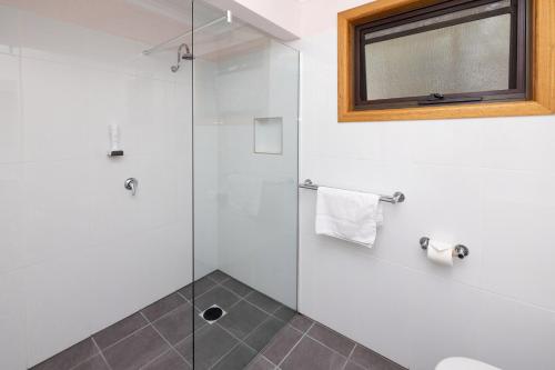 科尔斯湾BIG4弗雷西内伊鲁卡假日公园的带淋浴的浴室和玻璃门