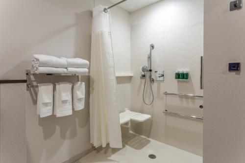 富兰克林Fairfield Inn & Suites Franklin的带淋浴、卫生间和毛巾的浴室