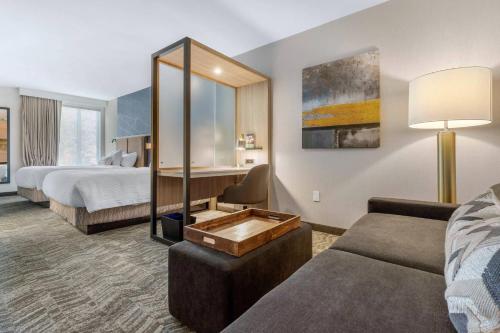 夏洛特SpringHill Suites Charlotte Southwest的酒店客房设有床和客厅。