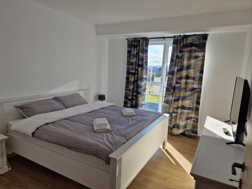 克卢日-纳波卡Cluj CITY Vibe的一间卧室配有一张床、一台电视和一个窗口