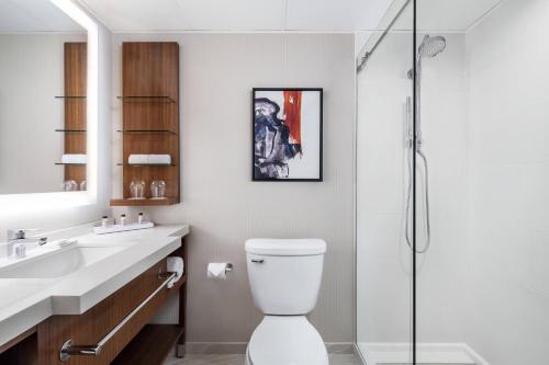 绿湾Delta Hotels by Marriott Green Bay的浴室配有卫生间、盥洗盆和淋浴。
