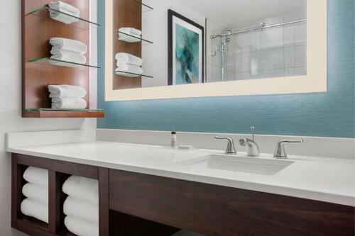 萨默塞特Delta Hotels by Marriott Somerset的浴室配有盥洗盆、镜子和毛巾