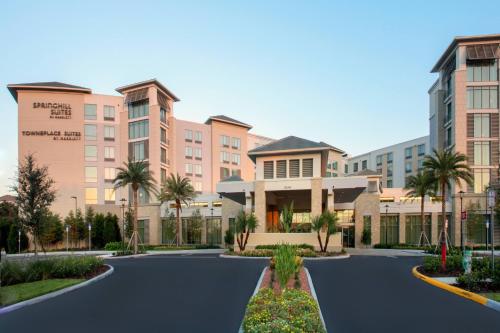 奥兰多TownePlace Suites by Marriott Orlando Theme Parks/Lake Buena Vista的棕榈树建筑前的道路