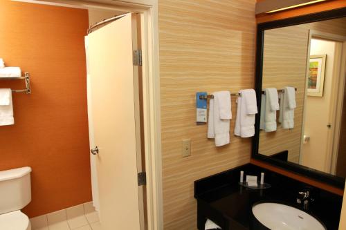特拉弗斯城特拉弗斯城费尔菲尔德套房酒店的一间带水槽、镜子和卫生间的浴室