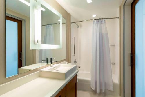 奥兰治比奇SpringHill Suites Orange Beach at The Wharf的一间带水槽、镜子和淋浴的浴室