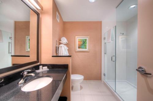 夏洛特万豪夏洛特机场费尔菲尔德客栈的一间带水槽、淋浴和卫生间的浴室