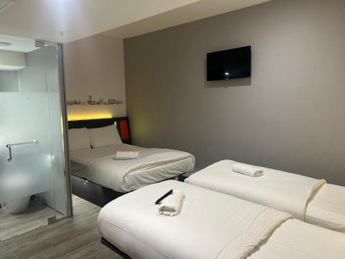 谢菲尔德easyHotel Sheffield的酒店客房设有两张床和电视。