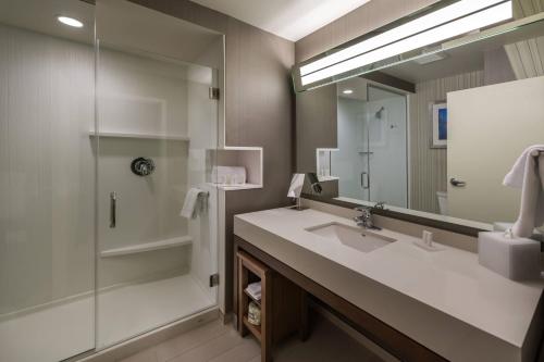 里诺里诺市中心/河滨万怡酒店的一间带水槽、淋浴和镜子的浴室