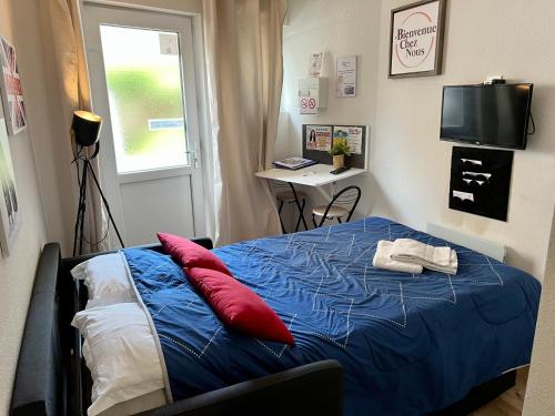 克莱蒙费朗STUDIO Av MARX DORMOY CLERMONT CENTRE B的一间卧室配有蓝色的床和红色枕头