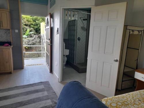 Morne Jaloux RidgeTranquility with Stunning View的一间设有通往浴室的门的房间
