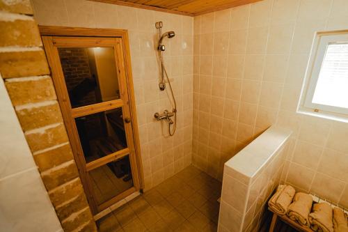 塔尔图Hubane saunaga kodumajutus Tartu linna südames的带淋浴的浴室和玻璃门