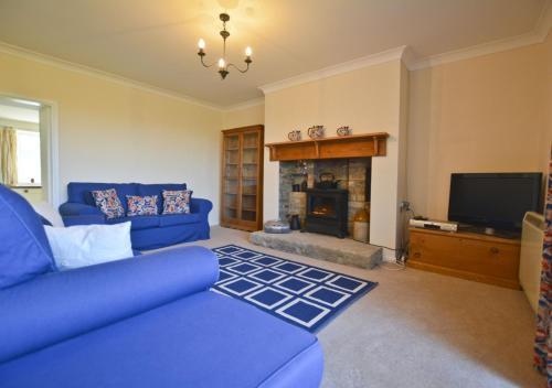 安布尔Beach View Cottage的客厅设有蓝色的沙发和壁炉