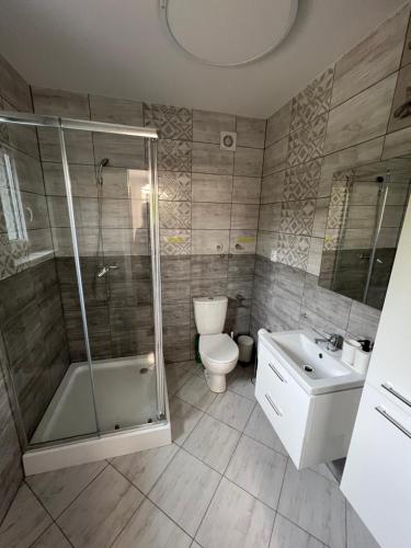 维伦匝布赞斯基Summer House Wieleń的浴室配有卫生间、淋浴和盥洗盆。
