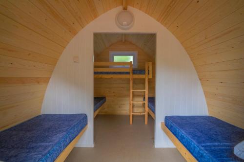 WinsterGhyll Head Hive Pod Village & Accessible Bungalow的客房设有两张双层床和梯子