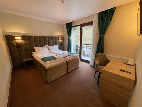 阿列谢尼PENSIUNEA SKY HUB的酒店客房设有床和窗户。