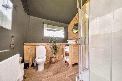赫里福德Nature's Nest的浴室配有卫生间、盥洗盆和淋浴。