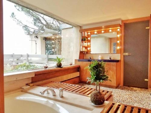 罗纳河畔的图尔农Casa mARTa : Suites, terrasses et vue panoramique的一间带水槽和大窗户的浴室