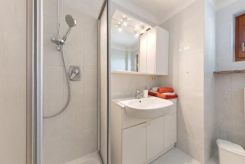 圣杰内肖阿泰西诺Moar im Rumsein - Apt Etschblick的白色的浴室设有水槽和淋浴。