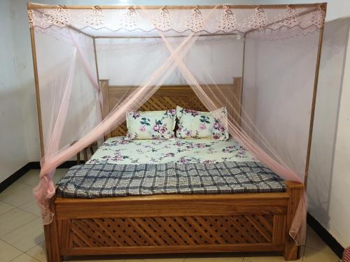 阿鲁沙Zion Care Homestay的一张带天蓬的床,上面有两个枕头