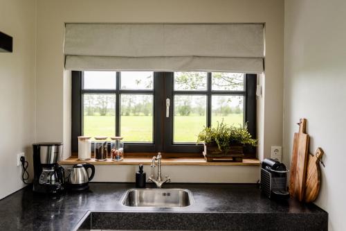 Het Landzicht的厨房设有水槽和窗户。