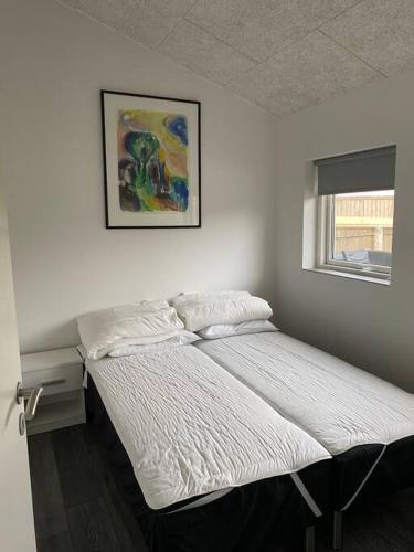 斯卡恩Fin ny moderniseret lejlighed i Skagen.的卧室内的一张床铺,墙上挂着一幅画