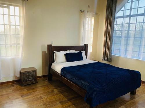 纳纽基Lifestyle Villas, Nanyuki的一间卧室配有一张带蓝色毯子的床和两个窗户。