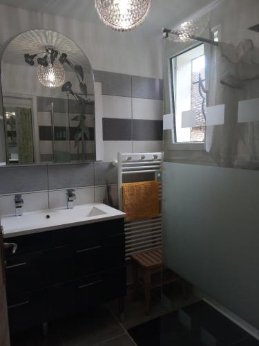 Bailleul-sur-ThÃ©rainChez Nanou的一间带水槽和镜子的浴室