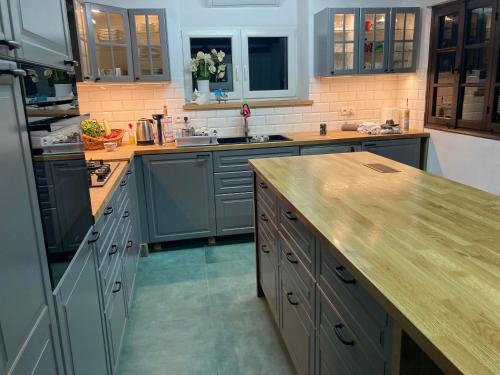 RepanídhionStone House Limnos的厨房配有灰色的橱柜和木制台面