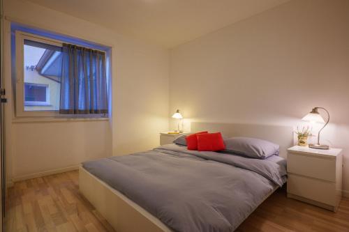科利科Residence Girasole Casa Rossa A的一间卧室配有一张带红色枕头的床和一扇窗户