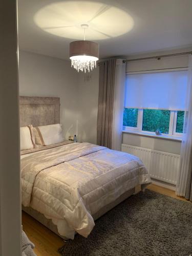 LaytownInse House Laytown的一间卧室配有一张带吊灯和窗户的床。