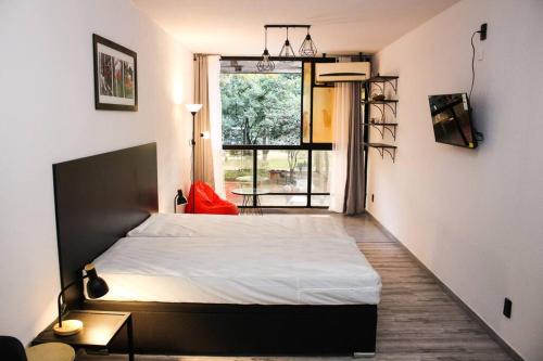 蒙得维的亚Exclusive on Rio Negro的一间卧室设有一张床和一个大窗户