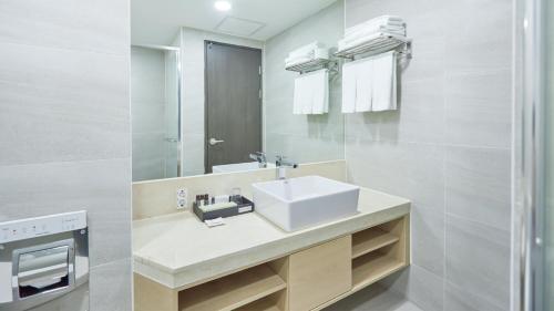 春川Chuncheon Eston Hotel的一间带水槽和镜子的浴室