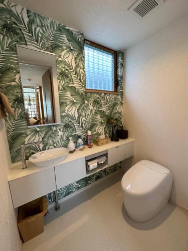 北谷町ResortHouse-KAPUKA的一间带卫生间、水槽和镜子的浴室