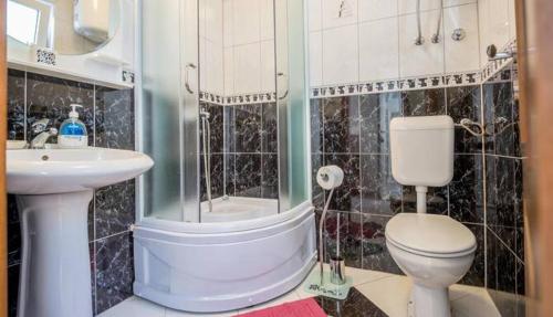 科托尔Majka Apartments的浴室配有卫生间、淋浴和盥洗盆。