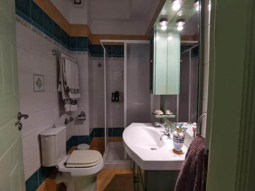 伊莱恩Evaggelia's Seaside Boutique Apartment的一间带水槽、卫生间和镜子的浴室